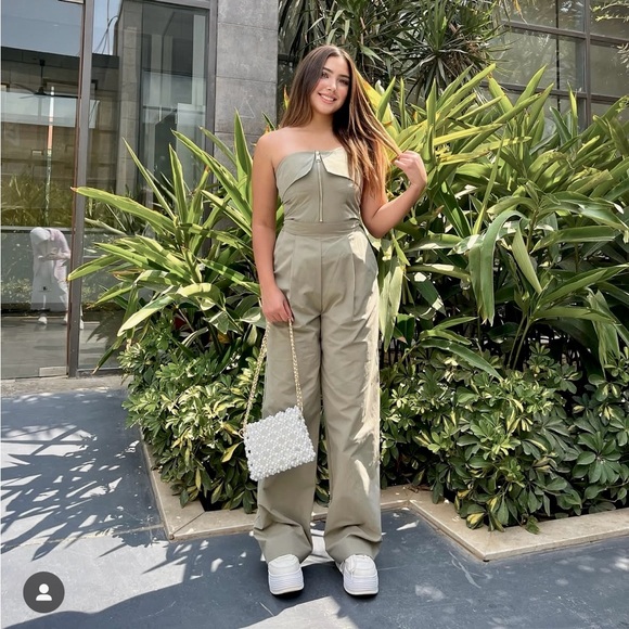 Zara NWT pale olive green zipper front foldover strapless bandeau tube jumpsuit - Picture 7 of 17